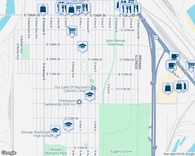 map of restaurants, bars, coffee shops, grocery stores, and more near 10958 South Avenue F in Chicago