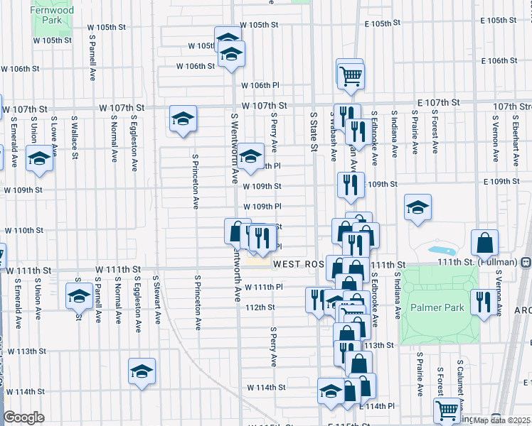 map of restaurants, bars, coffee shops, grocery stores, and more near 58 West 109th Place in Chicago