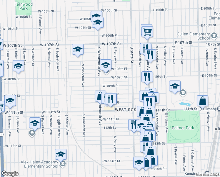 map of restaurants, bars, coffee shops, grocery stores, and more near 132 West 109th Place in Chicago