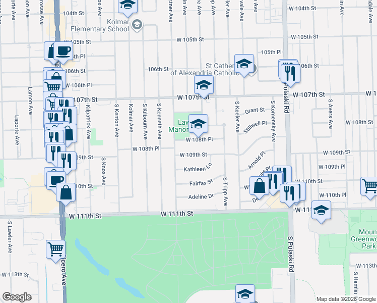 map of restaurants, bars, coffee shops, grocery stores, and more near 4327 West 108th Place in Oak Lawn