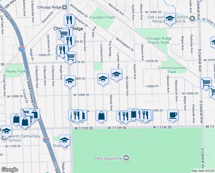 map of restaurants, bars, coffee shops, grocery stores, and more near 10812 Lombard Avenue in Chicago Ridge