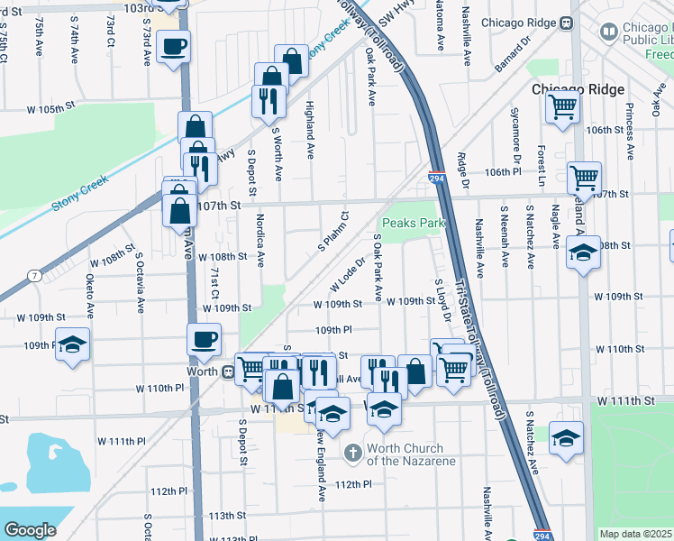 map of restaurants, bars, coffee shops, grocery stores, and more near 6826 West Lode Drive in Worth