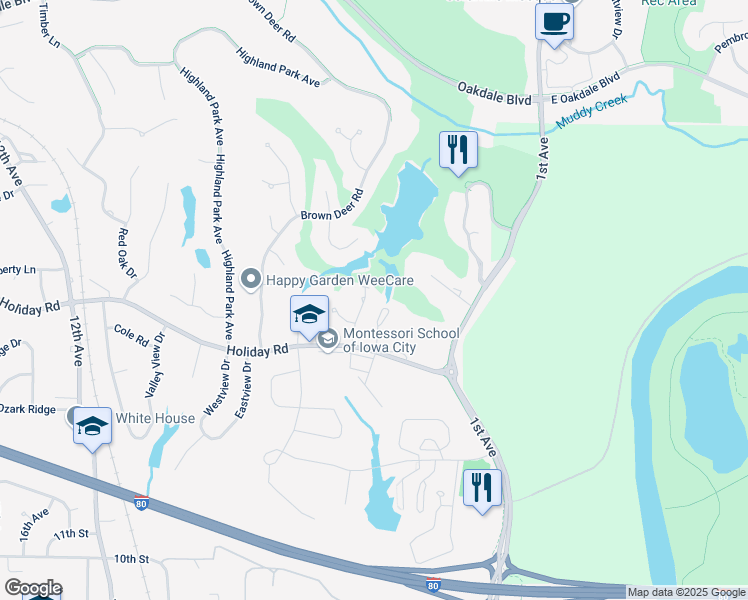 map of restaurants, bars, coffee shops, grocery stores, and more near 1513 Olde Hickory Road in Coralville