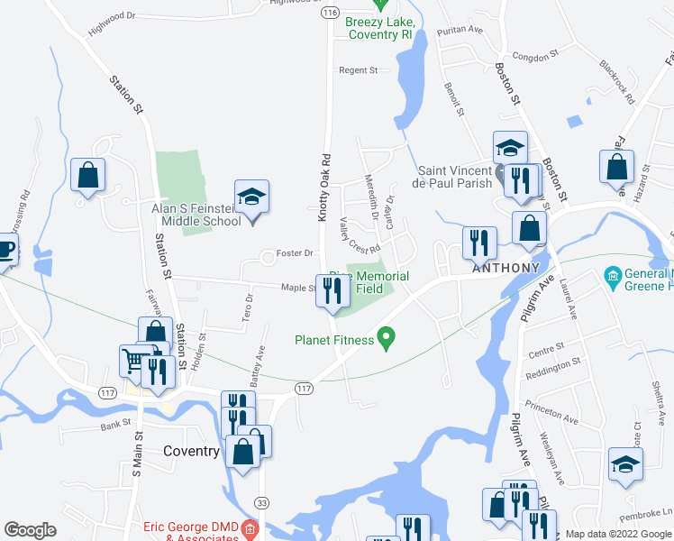 map of restaurants, bars, coffee shops, grocery stores, and more near 75 Knotty Oak Road in Coventry
