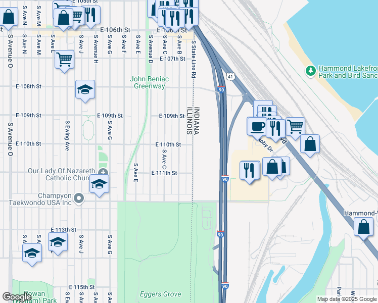 map of restaurants, bars, coffee shops, grocery stores, and more near 10958 South State Line Road in Chicago