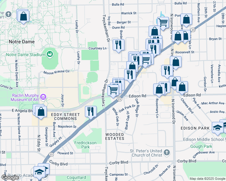 map of restaurants, bars, coffee shops, grocery stores, and more near 1404 Ivy Court in South Bend