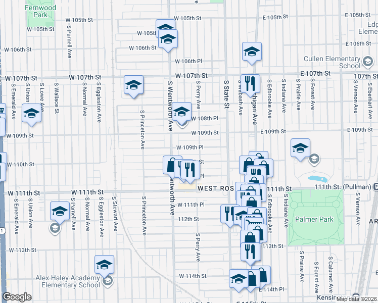 map of restaurants, bars, coffee shops, grocery stores, and more near 132 West 109th Place in Chicago