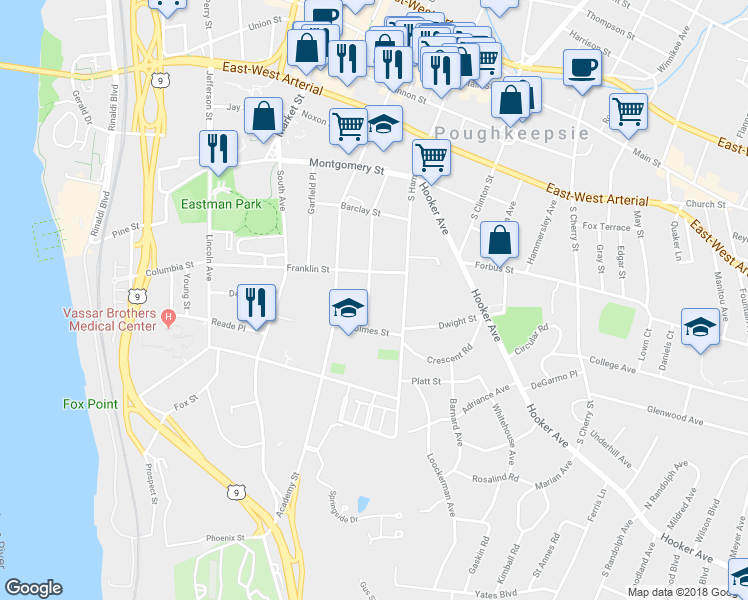 map of restaurants, bars, coffee shops, grocery stores, and more near 81 Carroll Street in Poughkeepsie
