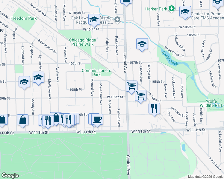 map of restaurants, bars, coffee shops, grocery stores, and more near 10822 Major Avenue in Chicago Ridge