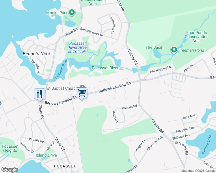 map of restaurants, bars, coffee shops, grocery stores, and more near 2 Ellen Lane in Bourne