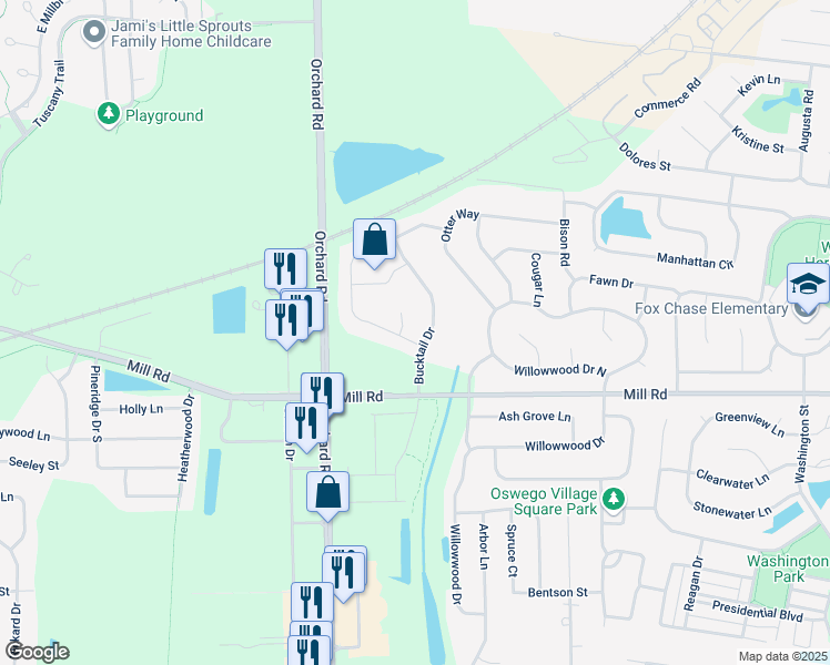 map of restaurants, bars, coffee shops, grocery stores, and more near 101 Donegal Court in Oswego