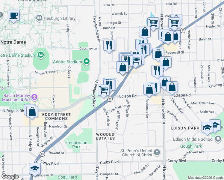 map of restaurants, bars, coffee shops, grocery stores, and more near 1707 South Bend Avenue in South Bend