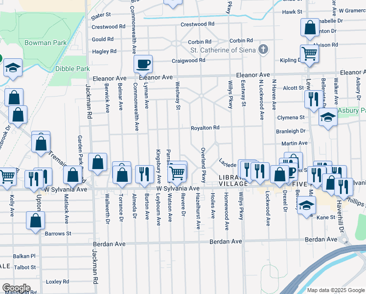 map of restaurants, bars, coffee shops, grocery stores, and more near 4208 Westway Street in Toledo