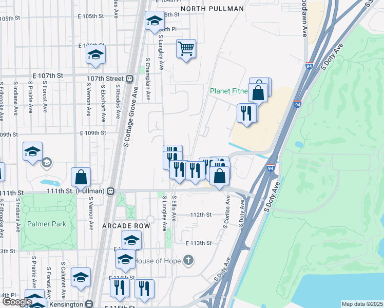 map of restaurants, bars, coffee shops, grocery stores, and more near 728 East 111th Street in Chicago