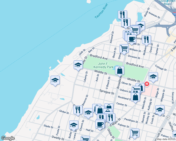 map of restaurants, bars, coffee shops, grocery stores, and more near 175 Middle Street in Fall River