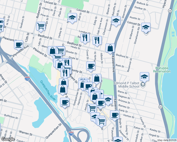 map of restaurants, bars, coffee shops, grocery stores, and more near 205 Covel Street in Fall River