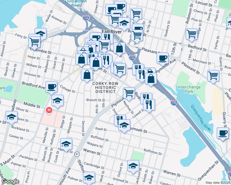 map of restaurants, bars, coffee shops, grocery stores, and more near 321 Wade Street in Fall River