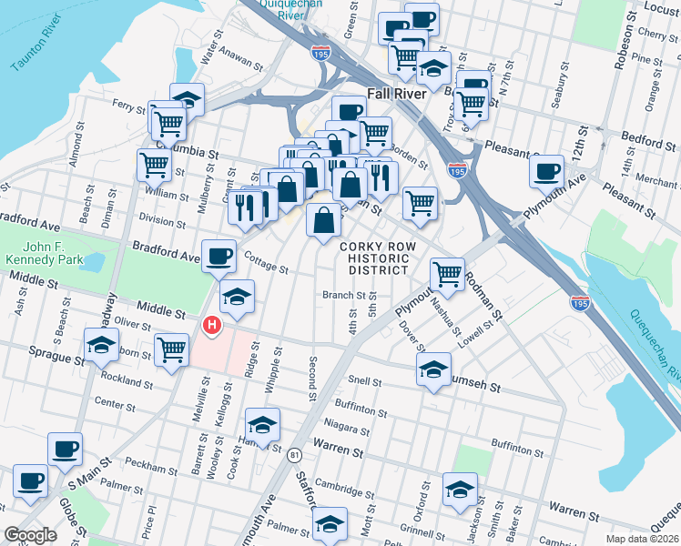 map of restaurants, bars, coffee shops, grocery stores, and more near 513 Third Street in Fall River