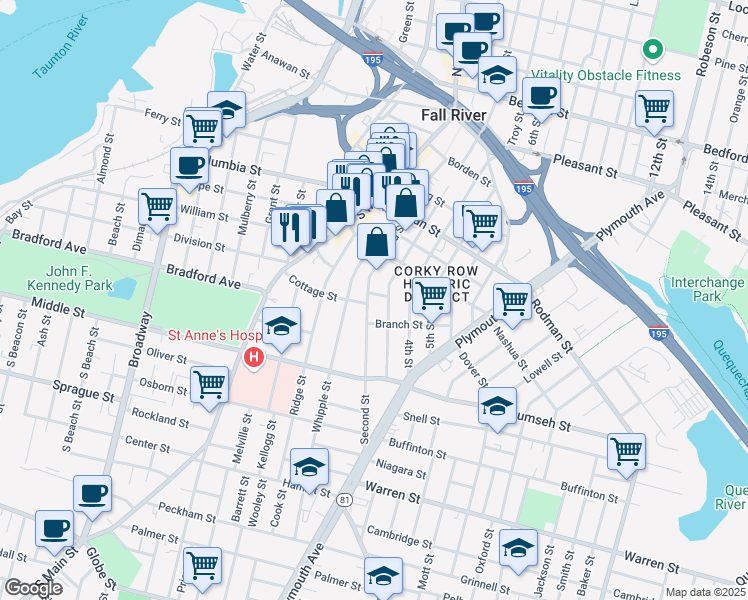 map of restaurants, bars, coffee shops, grocery stores, and more near 513 Third Street in Fall River