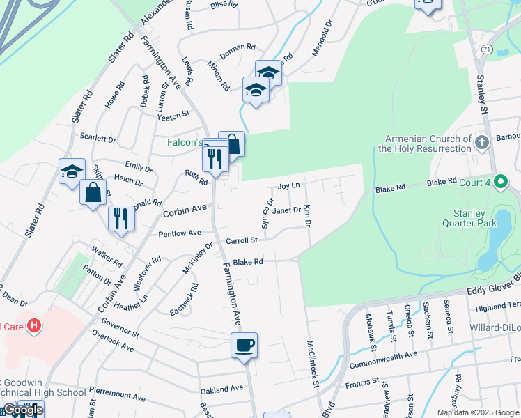 map of restaurants, bars, coffee shops, grocery stores, and more near 662 Farmington Avenue in New Britain