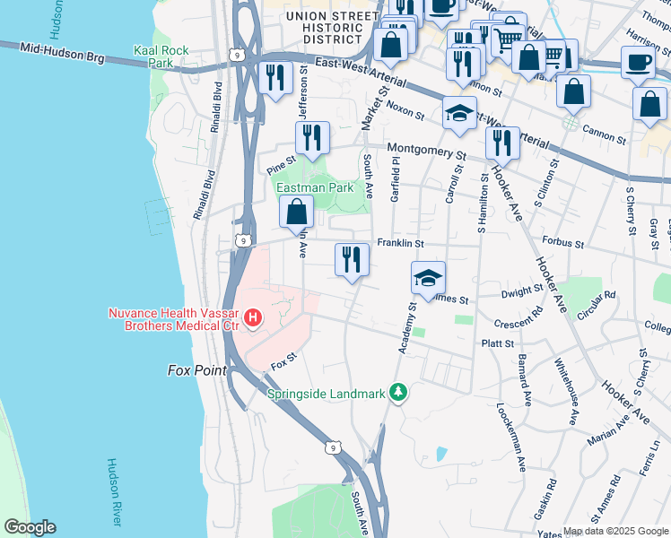 map of restaurants, bars, coffee shops, grocery stores, and more near 22 Dean Place in Poughkeepsie