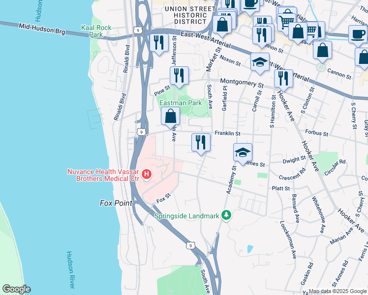 map of restaurants, bars, coffee shops, grocery stores, and more near 46 Lincoln Avenue in Poughkeepsie