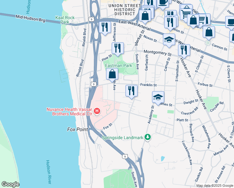map of restaurants, bars, coffee shops, grocery stores, and more near 46 Lincoln Avenue in Poughkeepsie
