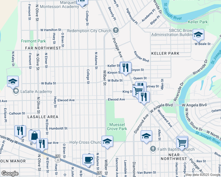 map of restaurants, bars, coffee shops, grocery stores, and more near 1522 Wilber Street in South Bend