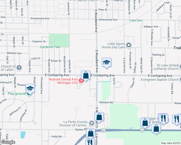 map of restaurants, bars, coffee shops, grocery stores, and more near 1400 East Coolspring Avenue in Michigan City