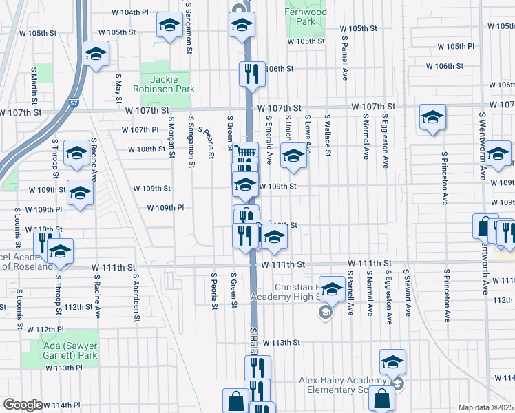 map of restaurants, bars, coffee shops, grocery stores, and more near 10919 South Halsted Street in Chicago
