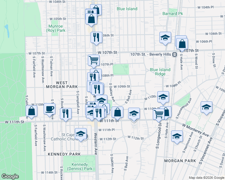 map of restaurants, bars, coffee shops, grocery stores, and more near 2308 West 109th Street in Chicago