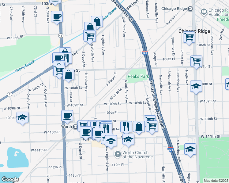 map of restaurants, bars, coffee shops, grocery stores, and more near 6826 West Lode Drive in Worth