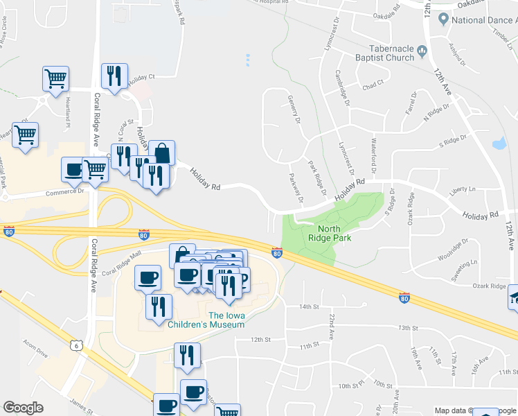 map of restaurants, bars, coffee shops, grocery stores, and more near 2275 Holiday Road in Coralville