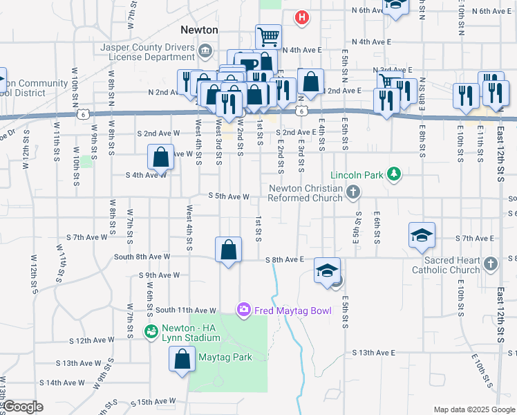 map of restaurants, bars, coffee shops, grocery stores, and more near 115 South 5th Avenue West in Newton