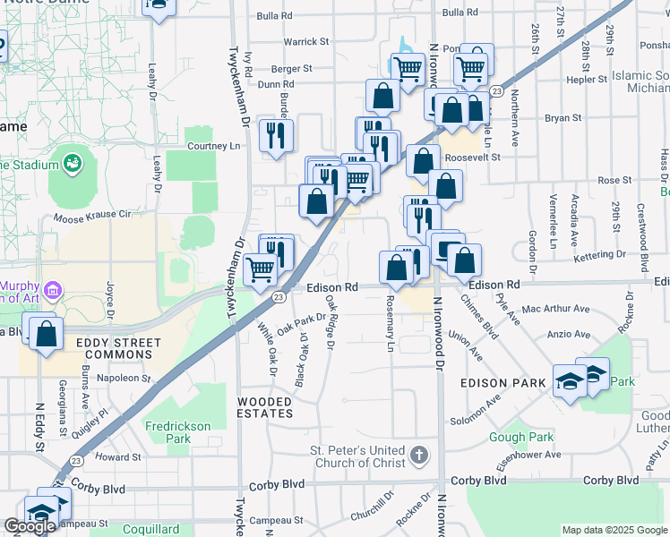 map of restaurants, bars, coffee shops, grocery stores, and more near 1426 North Oakhill Drive in South Bend