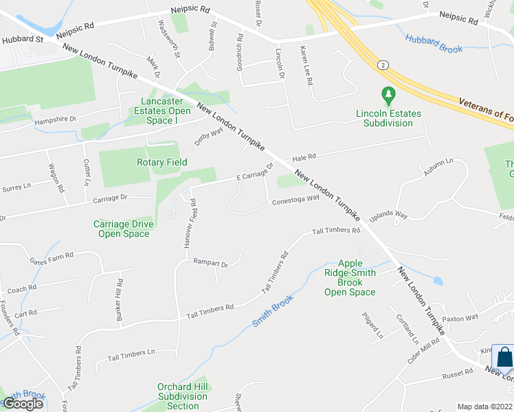 map of restaurants, bars, coffee shops, grocery stores, and more near 45 Conestoga Way in Glastonbury