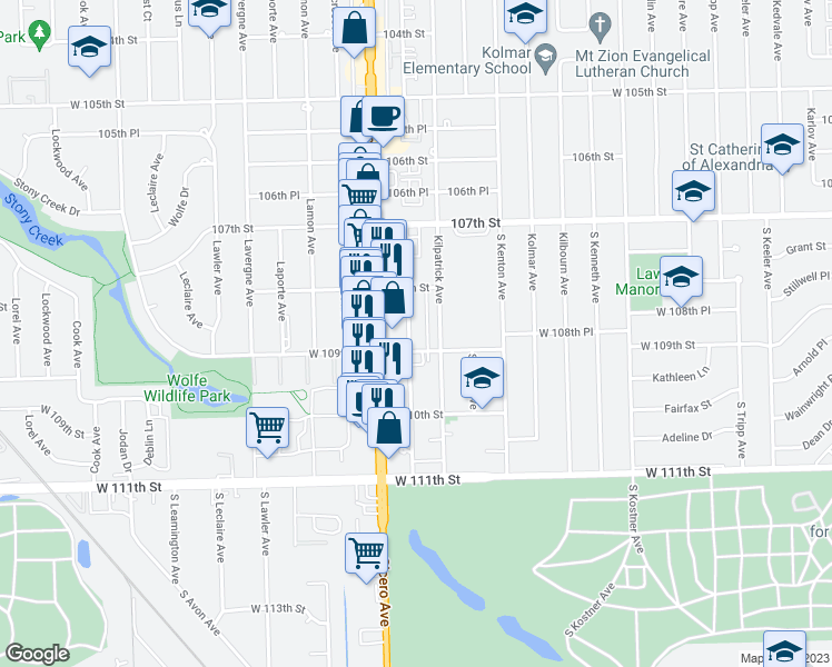 map of restaurants, bars, coffee shops, grocery stores, and more near 10841 Keating Avenue in Oak Lawn