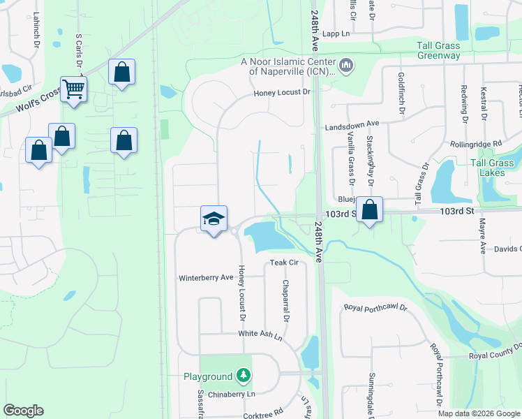 map of restaurants, bars, coffee shops, grocery stores, and more near 24940 103rd Street in Naperville