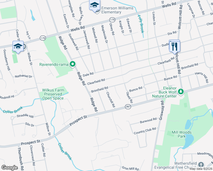 map of restaurants, bars, coffee shops, grocery stores, and more near 224 Clearfield Road in Wethersfield