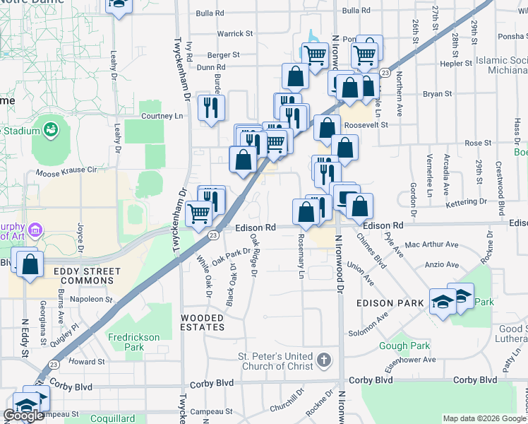 map of restaurants, bars, coffee shops, grocery stores, and more near 1426 North Oakhill Drive in South Bend