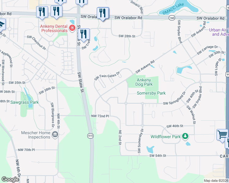 map of restaurants, bars, coffee shops, grocery stores, and more near 1215 Southwest Ankeny Road in Ankeny