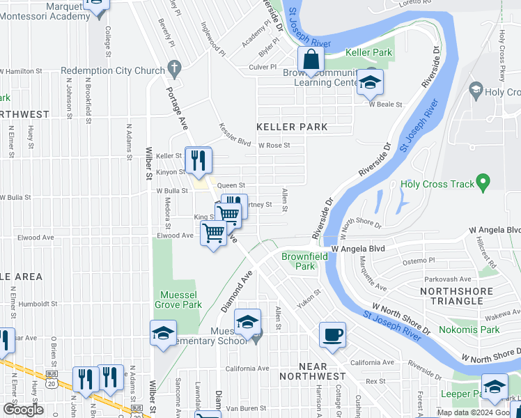 map of restaurants, bars, coffee shops, grocery stores, and more near 1428 Kessler Boulevard in South Bend