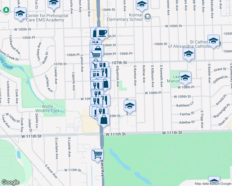 map of restaurants, bars, coffee shops, grocery stores, and more near 10830 Kilpatrick Avenue in Oak Lawn