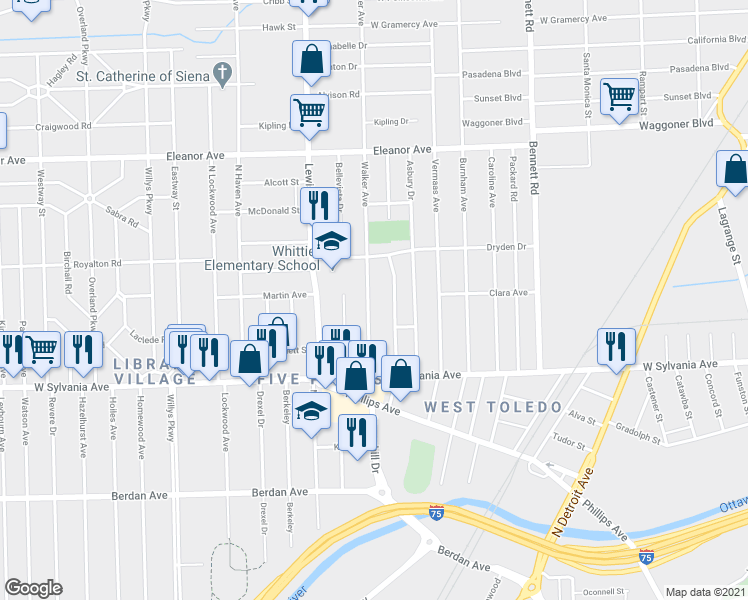 map of restaurants, bars, coffee shops, grocery stores, and more near 4130 Walker Avenue in Toledo