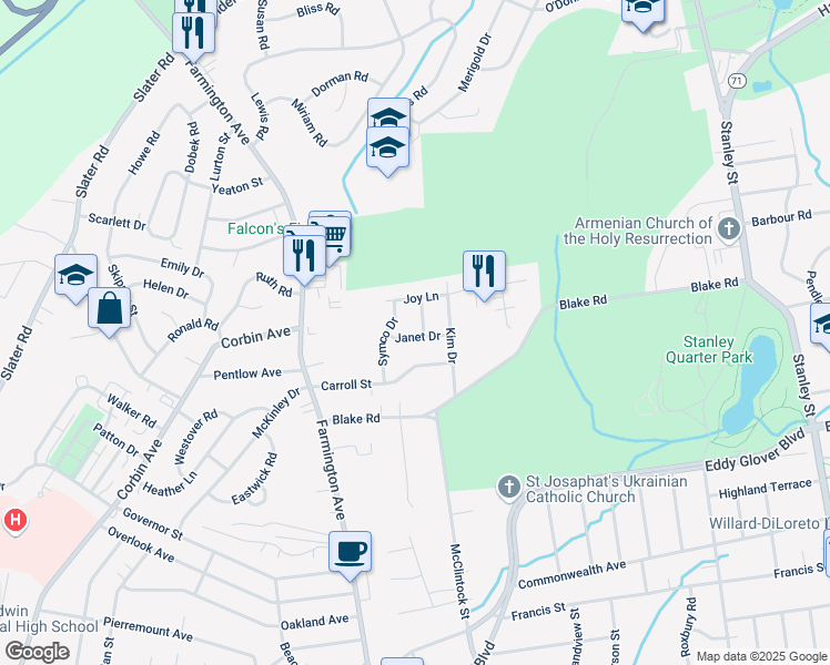 map of restaurants, bars, coffee shops, grocery stores, and more near 71 Symco Drive in New Britain