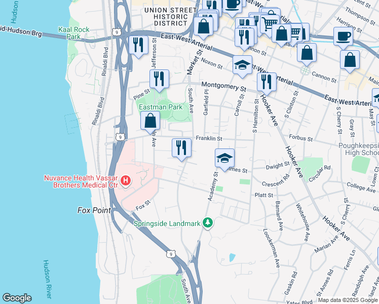 map of restaurants, bars, coffee shops, grocery stores, and more near 115 Fairview Ave Exd in Poughkeepsie