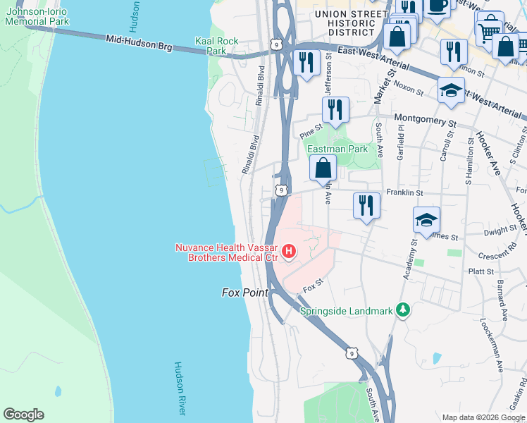 map of restaurants, bars, coffee shops, grocery stores, and more near 402 Waterview Drive in Poughkeepsie