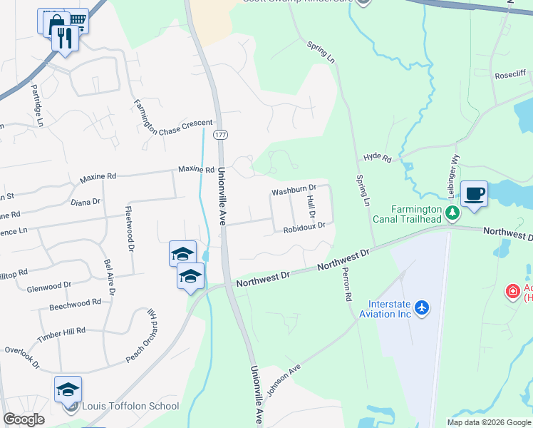 map of restaurants, bars, coffee shops, grocery stores, and more near 21 Washburn Drive in Plainville