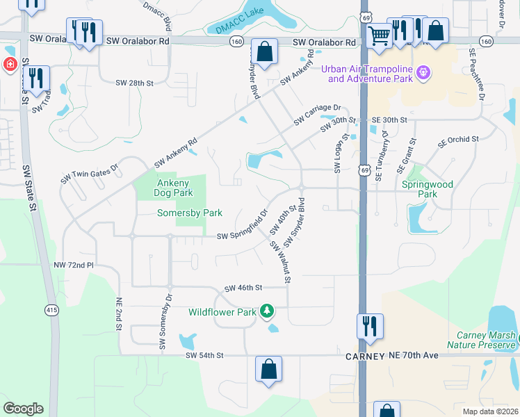 map of restaurants, bars, coffee shops, grocery stores, and more near 3505 Southwest Maple Court in Ankeny