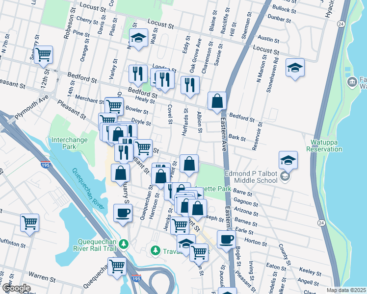 map of restaurants, bars, coffee shops, grocery stores, and more near 204 Haffards Street in Fall River